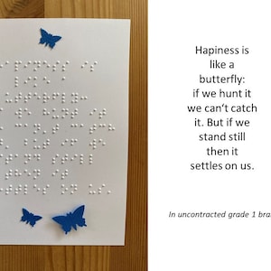 Braille card with butterflies, embossed printing card, uncontracted grade 1 braille, for blind and visually impaired persons, tactile card