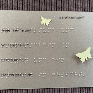 Braille-/Blindenschrift (Basis) Spruchkarte mit Schmetterlingen: Trage Träume und Sonnenschein ...", taktile Karte, Grußkarte, für Blinde