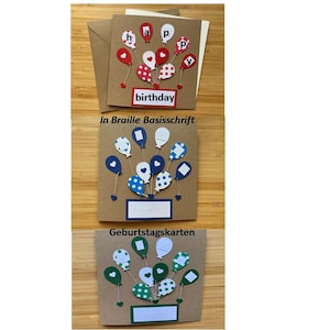 gr. Braille-/Blindenschrift Klappkarte "Happy Birthday" mit Luftballons, teilweise 3D, + Umschlag, + Einleger mit Wunschtext, taktile Karte