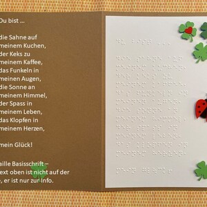 XXL Braille-/Blindenschrift (Basisschrift) Klappkarte: Liebesgrüße, 3D Glückskäfer + Kleeblätter, mit Einleger (Wunschtext mögl.) + Umschlag