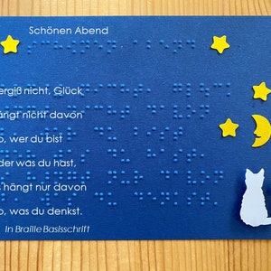 Blaue Braille-/Blindenschrift (Basis) Spruchkarte: "Schönen Abend..." mit 3D Katze + Mond + Sternen, taktile Karte, Fühlkarte, Grußkarte