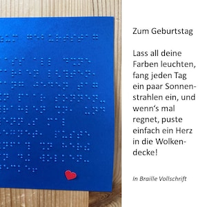 Braille-/Blindenschrift (Vollschrift) Spruchkarte: "Zum Geburtstag ...", mit Herzchen, Spruchkarte, taktile Karte, Fühlkarte, für Blinde