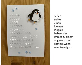 Braille (Blindenschrift)-Karte, Pinguin Spruchkarte, Trostkarte, Karte zum Fühlen (Fadengrafik, Papierpinguin), für Blinde/Sehbehinderte