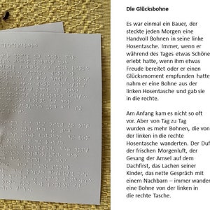 Braille-/Blindenschrift Text "Die Glücksbohne", 2 Din A4 Seiten, + Bohnensäckchen, "Geschichte, um Glücksmomente bewusster zu erleben"