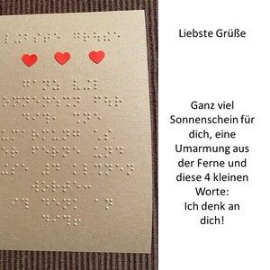 Braille-/Blindenschrift (Vollschrift) Spruchkarte: "Liebste Grüße ..." mit Tonkarton Herzchen, Grußkarte, Grüße, taktile Karte, für Blinde