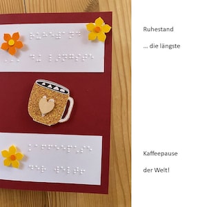 Braille/Blindenschrift Klappkarte "Ruhestand/Rente", 3D, +Umschlag und Einlegeblatt, Braille Wunschtext möglich, für Blinde/Sehbehinderte