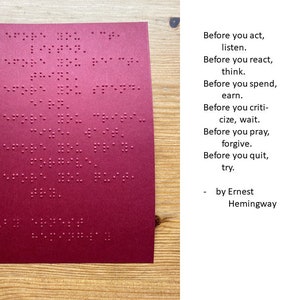 English braille card, poem card, embossed printing card, braille grade 1, poem by Ernest Hemingway, for blind/visually impaired people