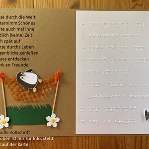 XXL Braille-/Blindenschrift Karte Ruhestand mit Spruch, Pinguin in Hängematte in 3D, + Umschlag, + Einlegeblatt mit Wunschtext, Fühlkarte