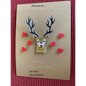 Braille-/Blindenschrift (Basisschrift) Spruchkarte Heimat mit 3D Hirsch + Herzen, taktile Karte