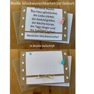 Braille-/Blindenschrift (Vollschrift) Karte zur Geburt (Junge, Mädchen) mit Flasche und Bärchen, + Umschlag, +Einleger (Wunschtext mögl.)