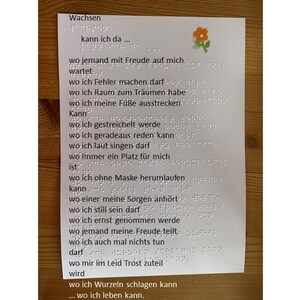 Braille-/Blindenschrifttext (Basis) "Wachsen kann ich da... wo ich..., Aufmunterungs-, Spruch-, Grußtext mit Blume, taktil, für Blinde