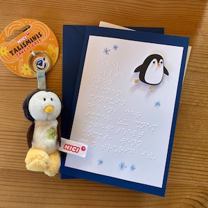 Braille-/Blindenschrift Gruß-, Aufmunterungs-, Trost-Klappkarte, 3D + NICI Talisminis Pinguin, + Umschlag, + Einlegeblatt, + Wunschtext