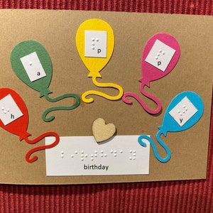 Braille-/Blindenschrift Klappkarte quer "Happy Birthday" mit Luftballons, Einlegeblatt, Umschlag, Braille Wunschtext möglich, Kraftpapier