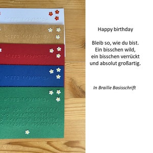 Braille-/Blindenschrift (Basis) Geburtstagskarte "Happy birthday" mit Blumen, taktile Karte, Spruchkarte, Grußkarte, Fühlkarte, für Blinde