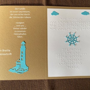 XXL Braille-/Blindenschrift Klappkarte mit Spruch (Familie, Leuchtturm, Heimathafen) + Umschlag + Einlegeblatt mit Wunschtext, taktile Karte