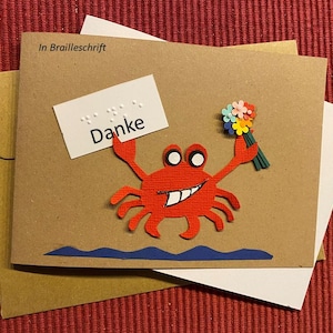 Braille-/Blindenschrift Dankeskarte mit Krabbe + Blumenstrauß, taktile Karte, "Danke", + Umschlag, + Einleger (Wunschtext mögl.), für Blinde
