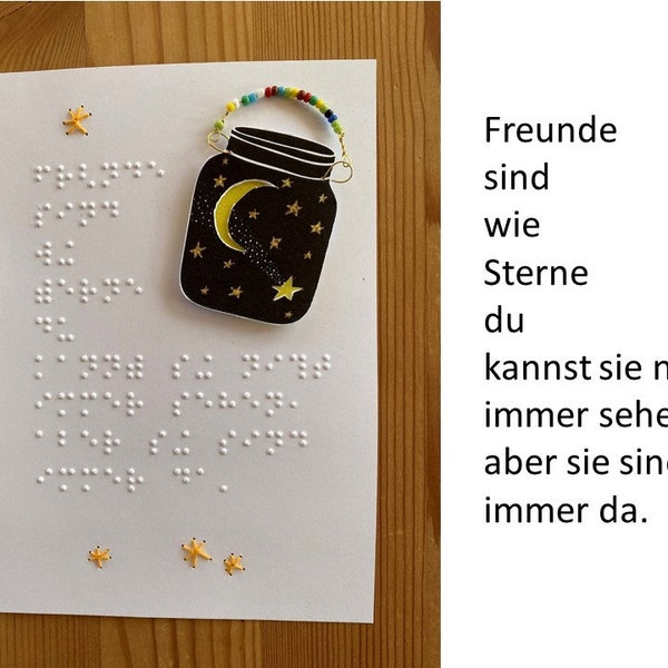 Braille-/Blindenschrift Karte "Freunde sind wie Sterne...", 3D Laterne, Fadengrafik Sterne, für Freund*innen, für Blinde/Sehbehinderte