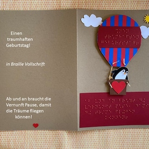 XXL Braille-/Blindenschrift Geburtstagskarte "Heißluftballon", taktile Karte, 3D Karte, Klappkarte mit Umschlag + Einleger + eigener Text