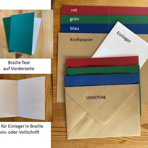 Braille-/Blindenschrift Klappkarte (11,4/12 x 17cm) mit Wunschtext in Basis- oder Vollschrift, verschiedene Farben, + Umschlag, + Einleger