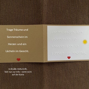 Braille-/Blindenschrift (Vollschrift) Klapp-, Gruß-, Spruchkarte: "Trage Träume und Sonnenschein...", + Umschlag, + Einleger (Wunschtext)