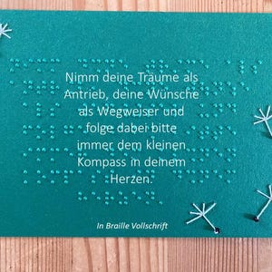 Braille-/Blindenschrift (Vollschrift) Spruch-/Grußkarte: "Nimm deine Träume als Antrieb,...", mit Fadengrafik Flugschirmchen, taktil