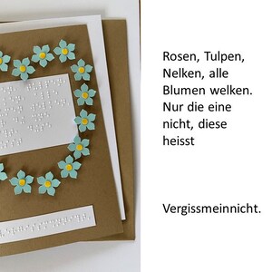 XXL Blindenschrift Klappkarte, Freundschaft, Geburtstag, Gruß, 3D Blüten, Vergissmeinnicht +Umschlag + Einlegeblatt, eigener Text möglich