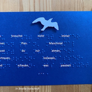 Braille-/Blindenschrift (Vollschrift) Spruchkarte: "Du brauchst nicht immer einen Plan ...", mit 3D Möwe, taktile Karte, für Blinde