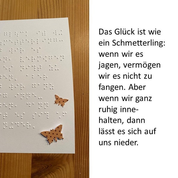 Braille-/Blindenschrift Karte mit Schmetterlingsspruch, 3D Schmetterling, taktile Karte, Grußkarte, Spruchkarte, für Blinde/Sehbehinderte