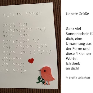 Brailleschrift/Blindenschrift Spruchkarte: "Liebste Grüße" mit 3D Vögelchen + Herzchen, Grußkarte, taktile Karte, Fühlkarte, für Blinde