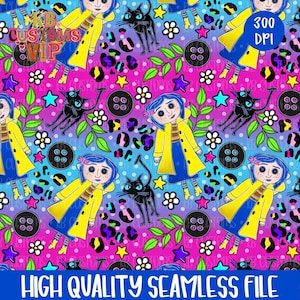 May include: A seamless digital pattern featuring a cartoon character with blue hair in a yellow raincoat, a black cat, black buttons, white flowers, and colorful stars on a pink and blue gradient background with leopard print and polka dots.