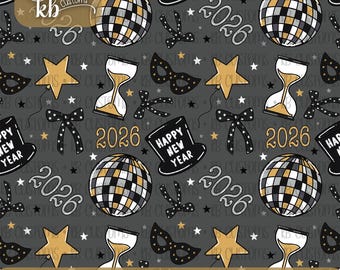 May include: Seamless pattern with a dark gray background featuring gold stars, disco balls, top hats, bow ties, hourglasses, and masquerade masks. The text "Happy New Year" and "2026" are also present. The words "High Quality seamless File" are at the bottom.