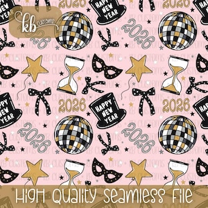 May include: A seamless pattern featuring New Year's Eve elements on a pink background. The design includes disco balls, top hats, bow ties, hourglasses, stars, and masquerade masks. The text "2026" and "Happy New Year" are also present.