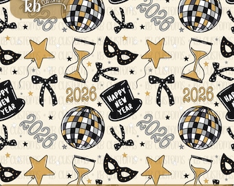 May include: A seamless pattern featuring New Year's Eve elements. The design includes disco balls, top hats, bow ties, hourglasses, star-shaped balloons, and masquerade masks in black, gold, and white on a cream background. The text "2026" is also present.