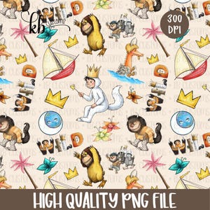 May include: A repeating pattern featuring illustrations from "Where the Wild Things Are." The design includes Max, Wild Things, crowns, boats, and other elements on a beige background. The text "HIGH QUALITY PNG FILE" is at the bottom.