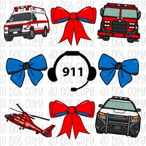May include: A digital illustration of an ambulance, fire truck, police car, helicopter, and a blue and red bow. The image also includes a black and white illustration of a headset with the number 911.