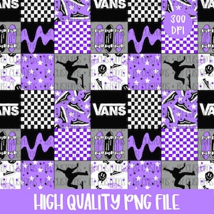 May include: A patchwork design featuring the Vans logo, skateboards, sneakers, and a skater silhouette. The design incorporates checkerboard patterns, wavy black lines, and a purple and white star pattern. The text "HIGH QUALITY PNG FILE" is at the bottom.