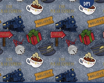 Polar Express Seamless, Christmas Train Digital Seamless Paper, Xmas Train, Conducter, Blue
