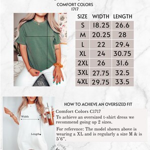 Puede incluir: Tabla de tallas para un vestido de camiseta con medidas en pulgadas. La tabla muestra el ancho y la longitud del vestido en las tallas S a 4XL. La tabla tambi&eacute;n incluye instrucciones sobre c&oacute;mo lograr un ajuste de talla grande. La modelo lleva una talla XL y mide 1,68 m.