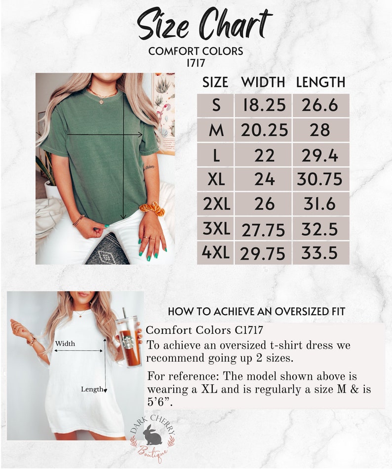 Puede incluir: Tabla de tallas para un vestido de camiseta con medidas en pulgadas. La tabla muestra el ancho y la longitud del vestido en las tallas S a 4XL. La tabla tambi&eacute;n incluye instrucciones sobre c&oacute;mo lograr un ajuste de talla grande. La modelo lleva una talla XL y mide 1,68 m.