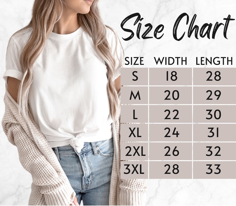 K&ouml;nnte beinhalten: Gr&ouml;&szlig;entabelle f&uuml;r ein T-Shirt mit Ma&szlig;en in Zoll. Die Tabelle zeigt die Breite und L&auml;nge des T-Shirts in den Gr&ouml;&szlig;en S, M, L, XL, 2XL und 3XL.