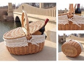 New Wicker Basket with Handle Wicker Camping Picnic Basket with Double Lids Storage Hamper Basket with Cloth Lining