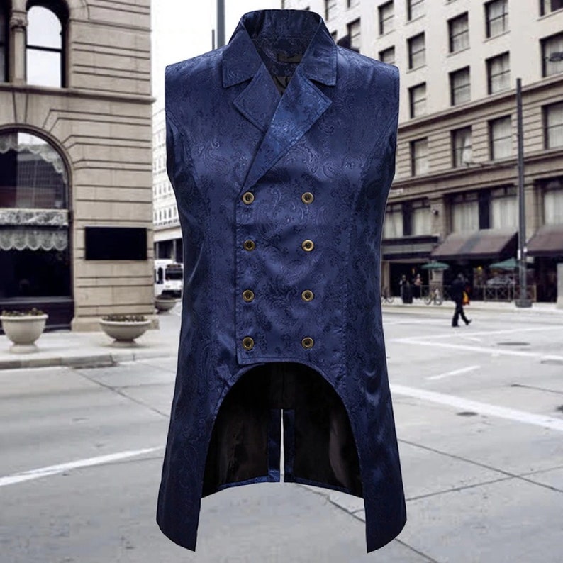 Mens Gothic Tuxedo Vest Victorian Steampunk Cosplay Waistcoat Double-Breasted Jacquard Coat Men Vest Halloween Gilet