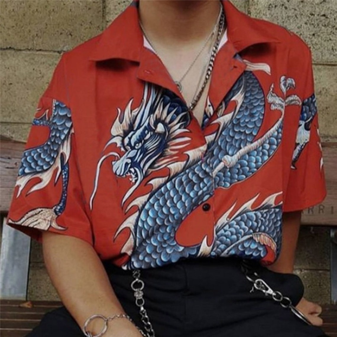 Summer Hawaiian Shirt Men Fashion Mens Dragon Print Loose | Etsy