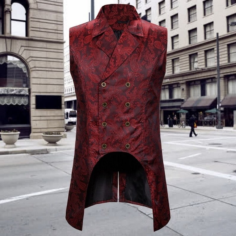 Mens Gothic Tuxedo Vest Victorian Steampunk Cosplay Waistcoat Double-Breasted Jacquard Coat Men Vest Halloween Gilet