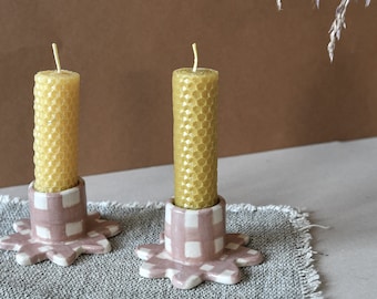 Ceramic Candle Stick Holder with Country Style Gingham Decoration