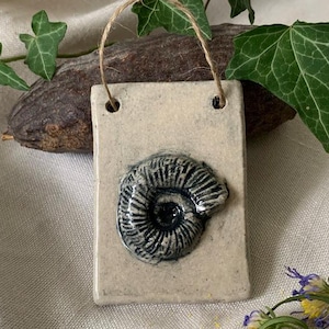 May include: A rectangular, off-white ceramic plaque featuring a detailed, dark blue and white ammonite fossil design. It has a jute string for hanging and is decorated with green ivy and small purple and yellow flowers.