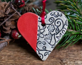 Ceramic Heart Embossed Hanging Christmas Decoration