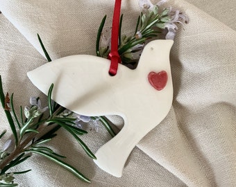 Porcelain Hanging Dove with Red Heart