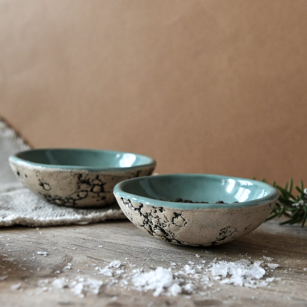 Set of Two Ceramic Dipping Dishes for Tapas, Nibbles, Olives. Oyster Textured Stoneware