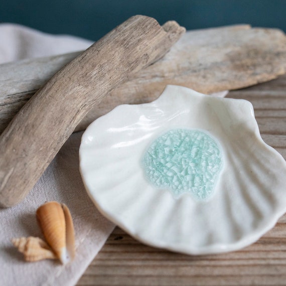 Shell Shaped Porcelain Ring Dish: Handmade Sea Glass Trinket Holder